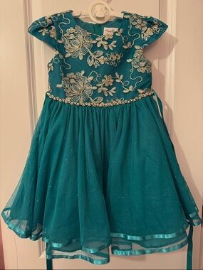 Girls Teal Floral Embroidered Party Dress - Brand: (Rare Editions)